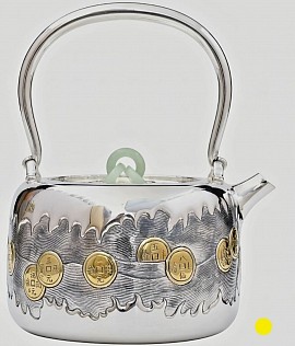 Fine silver teapot with coin motif and jade accents £5500 order number 080